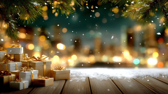 Gold gift box Christmas tree branch snow on wood floor warm bokeh lights festive decorations cozy holiday scene - Powered by Adobe