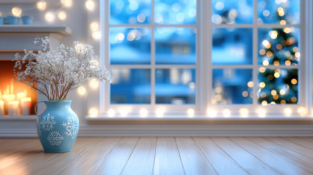 Cozy minimal Christmas living room at night with gentle snowfall outside and warm candlelight - Powered by Adobe