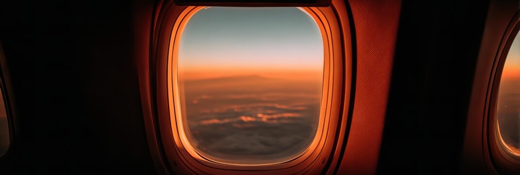 A window on an airplane with a beautiful sunset in the background. The view is breathtaking. Concept of traveling and holidays .