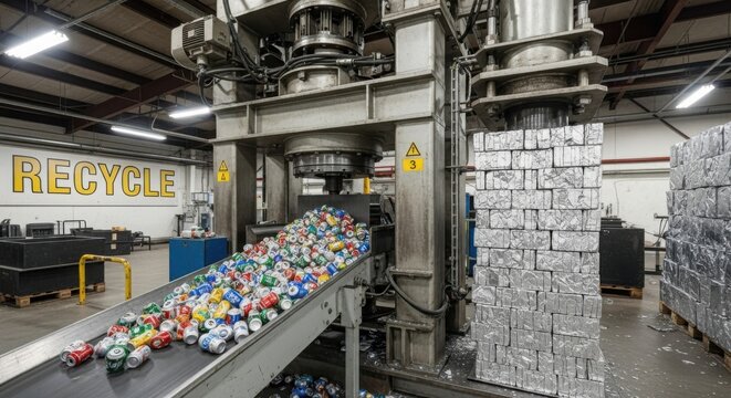 Aluminum can recycling with crushing machinery, showing metal cans in a recycling process. Recycling process crushes soda cans and other aluminum materials, transforming them into compacted blocks. - Powered by Adobe