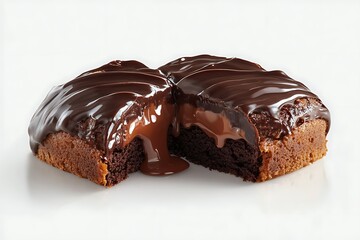 Decadent slice of chocolate lava cake, molten chocolate center oozing out, isolated background, perfect for dessert display advertising.