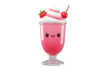 Adorable kawaii pink smoothie dessert with strawberry and cherry isolated illustration