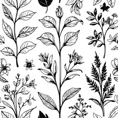Classic botanical-style leaves and flowers drawn in clean black line art, retro scientific illustration vibe, white background, elegant details 1