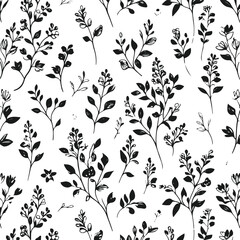 Cluster of small flowers and leaves in black line art, detailed but clean, forming a full botanical texture background, white backdrop