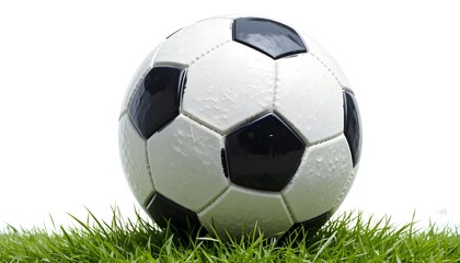 Fototapeta premium Classic black and white soccer ball resting on fresh green grass, outdoor football concept for sports, training, match, competition, recreation, fitness and teamwork