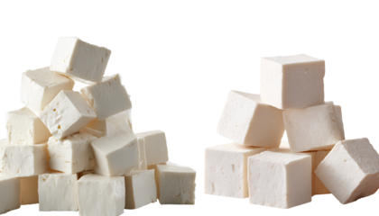 pile of cubes made of tofu, isolated on a transparent background
