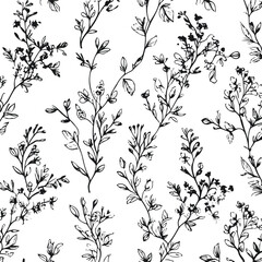 Cluster of small flowers and leaves in black line art, detailed but clean, forming a full botanical texture background, white backdrop 2