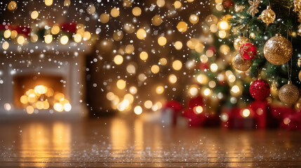 Cozy Christmas living room with decorated tree, glowing fireplace, bokeh lights and falling snow creating warm festive
