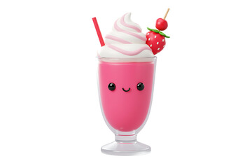 Adorablekawaii strawberrymilkshake character with smiley face isolated on transparent background
