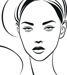 Elegant female face drawn in single continuous black line, abstract minimal portrait, smooth contours, white background, clean vector illustration 2