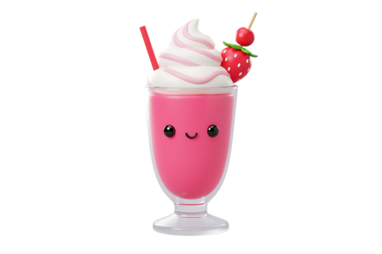 Adorablekawaii strawberrymilkshake character with smiley face isolated on transparent background