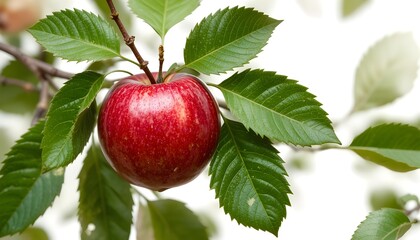 Fresh red apple hanging on tree branch with green leaves, natural sunlight, organic fruit, healthy food concept, orchard nature scene, vibrant colors, and close-up outdoor photography