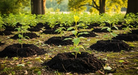 Young saplings planted in soil, a vibrant symbol of renewal and growth, standing in a green field. Planting saplings encourages reforestation and preservation, essential for global ecology.