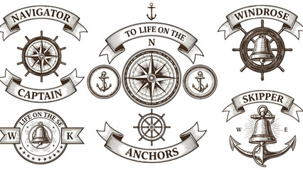 Obraz premium Collection of vintage marine heraldic icons like anchor, ship, and lighthouse