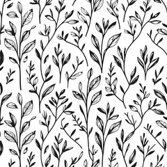 Minimal black line art botanical pattern background with repeating leaves and stems, thin elegant outlines, seamless design, modern aesthetic, white background 2.