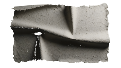 Textured off white crumpled paper with torn edges and deep shadows isolated on a transparent background