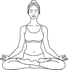 Minimal black line art of woman doing yoga pose, clean balanced lines, simple anatomy, calm wellness theme, vector outline, white background