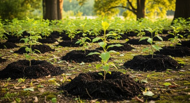 Young saplings planted in soil, a vibrant symbol of renewal and growth, standing in a green field. Planting saplings encourages reforestation and preservation, essential for global ecology.