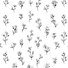 Small spring flowers in black line art evenly distributed across the canvas, minimal blooming pattern, white background