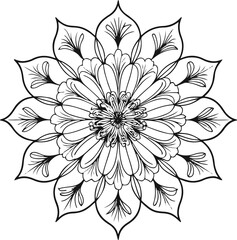 Symmetrical floral mandala drawn in clean black line art, botanical petals and leaves radiating outward, white background, elegant minimalism 1