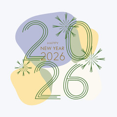 Happy New Year 2026 Abstract Modern Greeting Card Design with Organic Shapes and Green Line Art Typography.