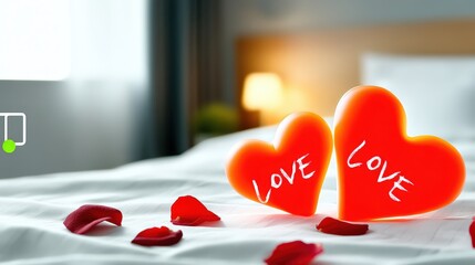 Romantic gesture love symbols in a cozy bedroom setting heart-shaped decor intimate atmosphere soft lighting