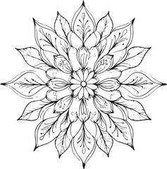Symmetrical floral mandala drawn in clean black line art, botanical petals and leaves radiating outward, white background, elegant minimalism