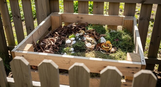 Composting box full of organic waste in summer sunshine, creating natural fertilizer. Composting represents effective decomposition: leaves, grass, food scraps, - Powered by Adobe
