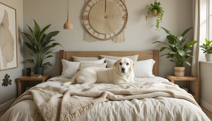 White bed with pillows and a dog in a cozy bedroom interior