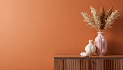 Vase with fresh flowers placed on a wooden table in a stylish home interior room with modern decor