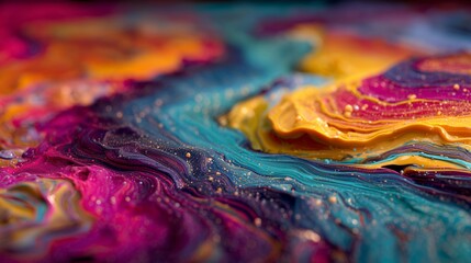 This vibrant scene depicts a swirling abstract texture filled with rich colors and intricate patterns, showcasing the beauty of paint blended on a smooth surface. The chaotic color
