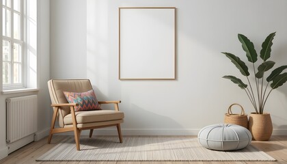 Minimal interior room featuring a wooden chair and modern home decor in a stylish living space