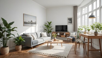 Bright modern living room with a comfortable sofa, indoor plants, wooden furniture, large windows, natural light, minimalist d&eacute;cor, and cozy atmosphere creating a fresh, stylish, and inviting home 