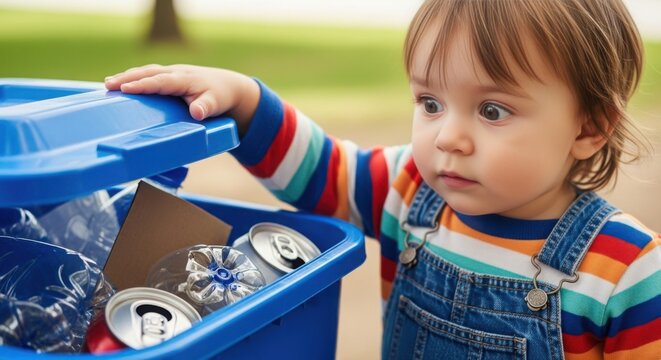 Child recycling with blue bin filled with aluminum cans and plastic bottles. Child recycles materials and learns importance of sorting household waste.