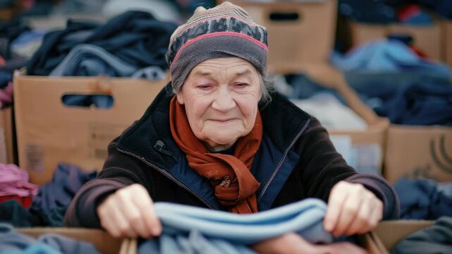 Video A senior woman folding and placing clothes into a box
