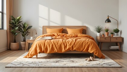 Cozy and modern bedroom interior featuring a comfortable bed, stylish furniture, soft bedding, warm lighting, elegant d&eacute;cor, relaxing atmosphere, and inviting design perfect for restful sleep 