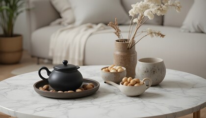 Artistic still life featuring a steaming cup of tea, elegant table setting, cozy ambiance, warm lighting, delicate details, and inviting composition perfect for relaxation, calm moments, and aesthetic