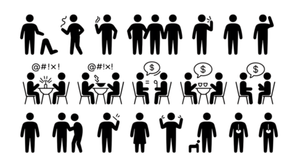 Engaging vector art displaying a range of human activities and social interactions, including dining, smoking, greeting, and money talks, ideal for infographics or presentations