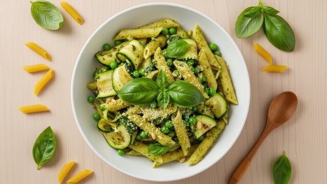 Green pesto pasta with zucchini peas and basil in white bowl.