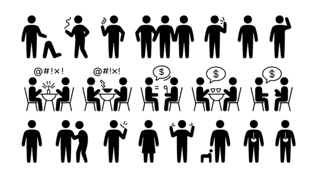 Engaging vector art displaying a range of human activities and social interactions, including dining, smoking, greeting, and money talks, ideal for infographics or presentations