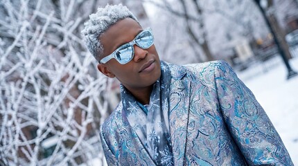 Modern stylish African American Jack Frost - male model in seasonal, Christmas winter clothing - lifestyle photo