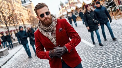 Modern stylish Santa Claus - male model in seasonal, Christmas winter clothing - lifestyle photo