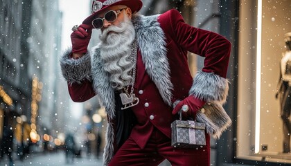 Modern stylish Santa Claus - male model in seasonal, Christmas winter clothing - lifestyle photo
