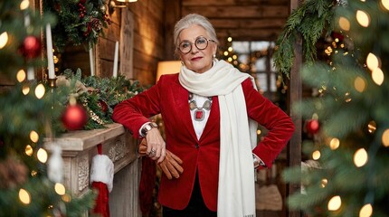 Modern stylish Mrs Claus - female model in seasonal, Christmas winter clothing - lifestyle photo