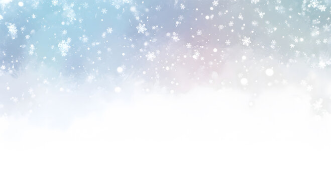 Abstract soft pastel winter background with falling snowflakes and gentle bokeh light effect