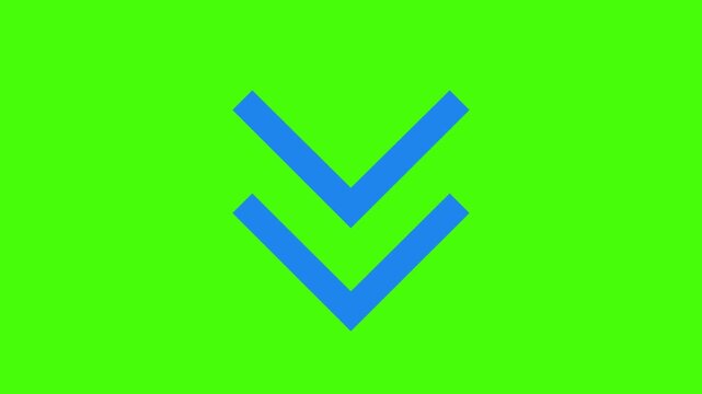 Animated vibrant blue double arrow pointing down on a bright green screen background for engaging call to action, perfect for modern digital marketing campaigns