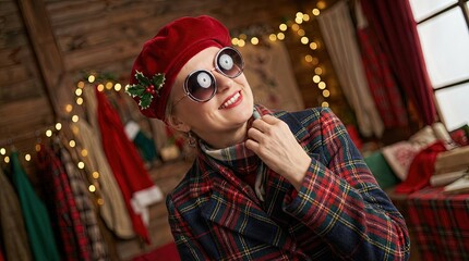 Modern stylish Mrs Claus - female model in seasonal, Christmas winter clothing - lifestyle photo