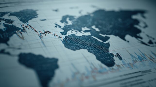 The image shows a world map with overlaid financial data, highlighting the connection between geography and finance. This world map emphasizes the importance of global financial tr