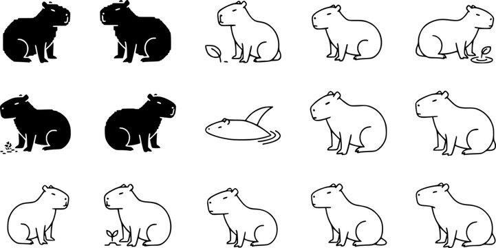 Pixel and outline capybara designs in minimalist styles