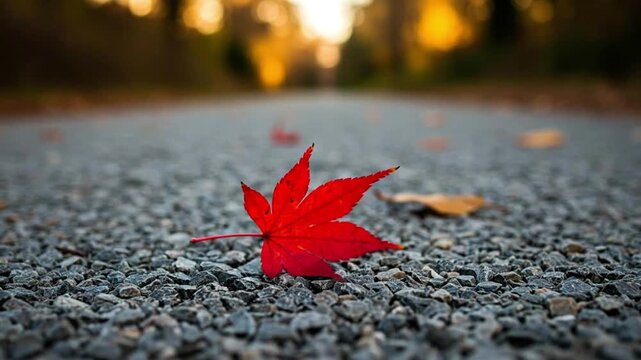Vibrant red maple leaf fallen on gravel road during autumn season